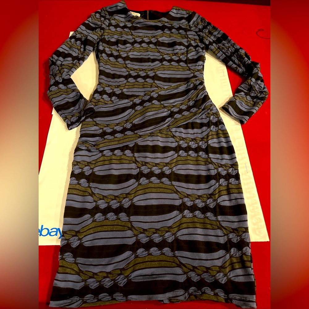 Ivy + blu BLUE gray 3D Knit Sweater DRESS Fitted Midi long sleeve zip up, size 2